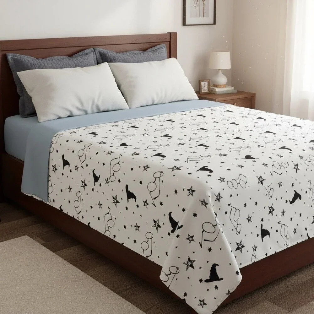 Harry Potter Full Size Flat Sheet Jay Franco Glasses Stars Wizard Hat White Blac